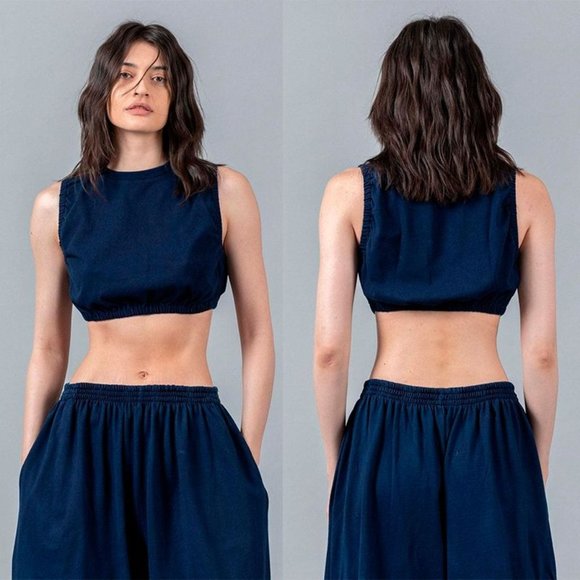 TOIT VOLANT Ruched Crop Tank Top in Navy Size XS - Picture 2 of 6